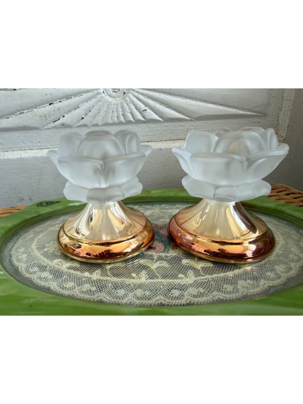 VTG 60s William Adams German Frosted Glass Flower Copper Candle Stick Holders